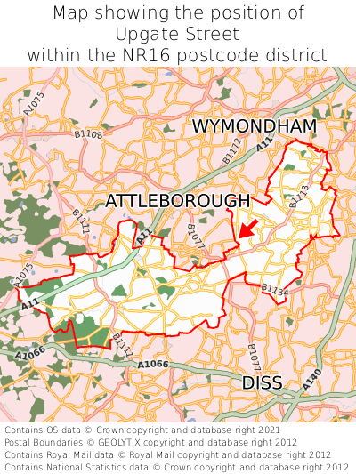 Map showing location of Upgate Street within NR16