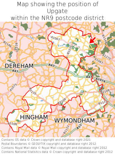 Map showing location of Upgate within NR9