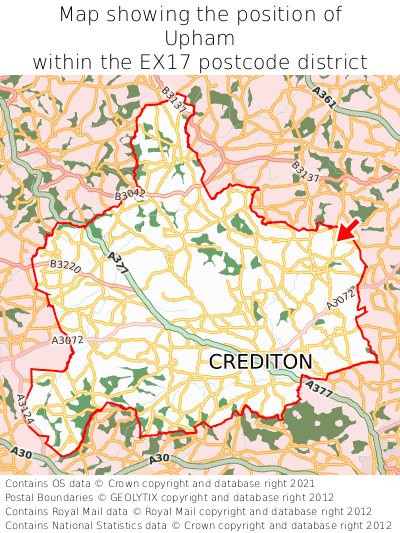 Map showing location of Upham within EX17