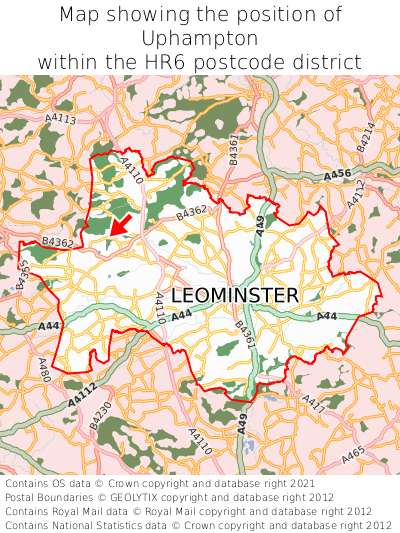 Map showing location of Uphampton within HR6