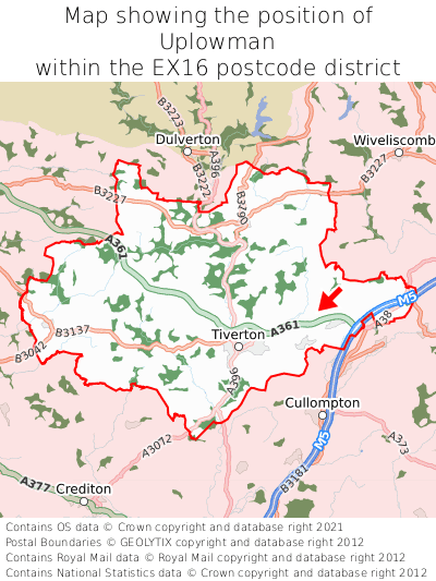 Map showing location of Uplowman within EX16