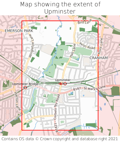 Map showing extent of Upminster as bounding box