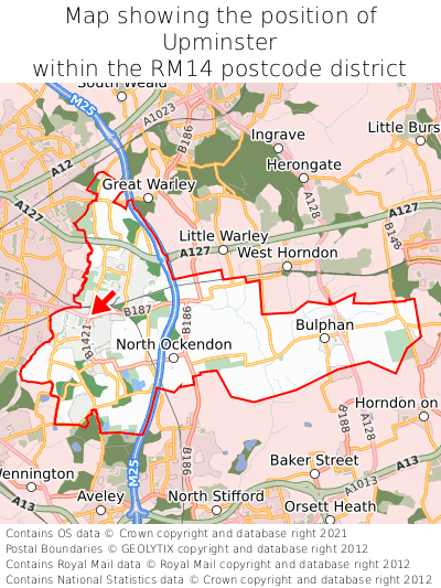 Map showing location of Upminster within RM14