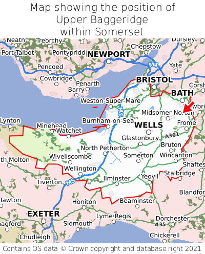 Map showing location of Upper Baggeridge within Somerset
