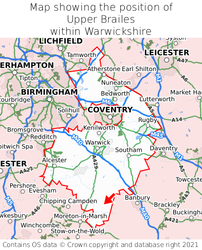 Map showing location of Upper Brailes within Warwickshire