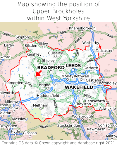 Map showing location of Upper Brockholes within West Yorkshire