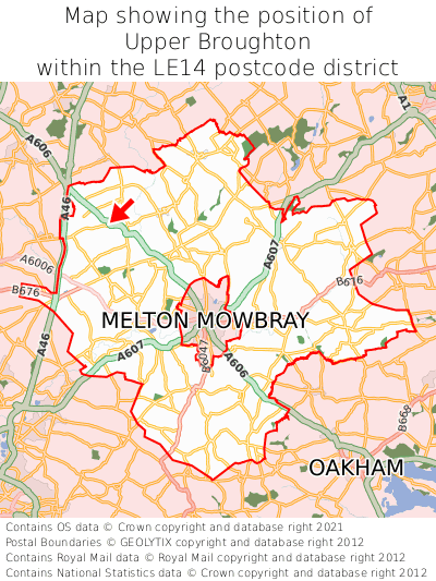 Map showing location of Upper Broughton within LE14