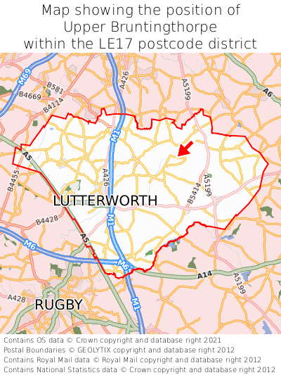 Map showing location of Upper Bruntingthorpe within LE17