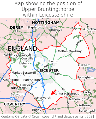 Map showing location of Upper Bruntingthorpe within Leicestershire