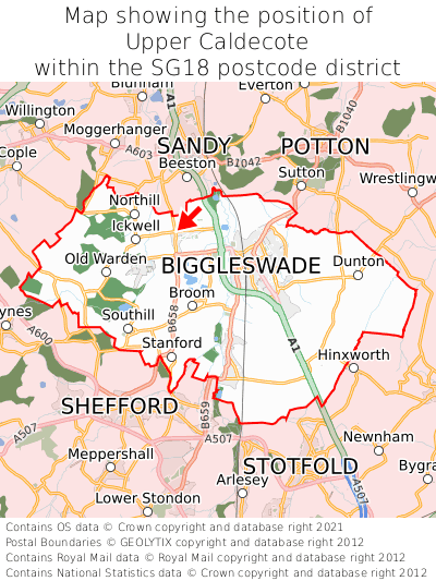 Map showing location of Upper Caldecote within SG18