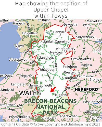 Map showing location of Upper Chapel within Powys