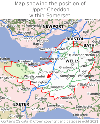 Map showing location of Upper Cheddon within Somerset