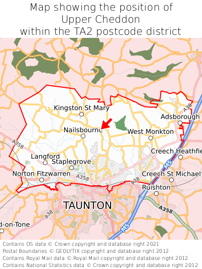 Map showing location of Upper Cheddon within TA2