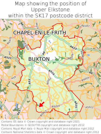 Map showing location of Upper Elkstone within SK17