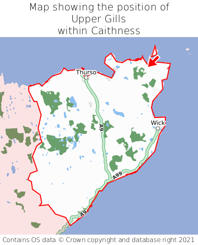 Map showing location of Upper Gills within Caithness