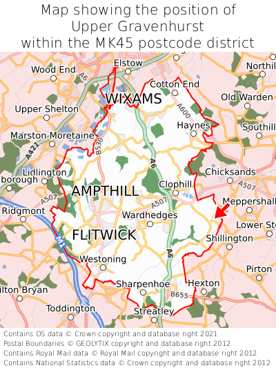 Map showing location of Upper Gravenhurst within MK45