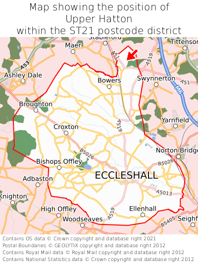 Map showing location of Upper Hatton within ST21
