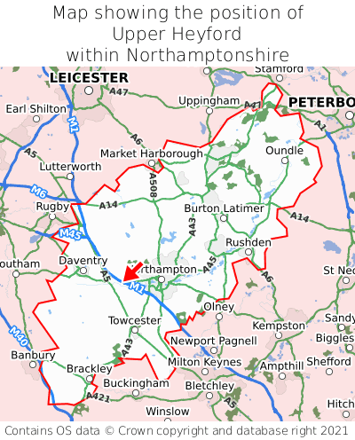 Map showing location of Upper Heyford within Northamptonshire