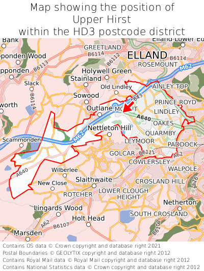 Map showing location of Upper Hirst within HD3