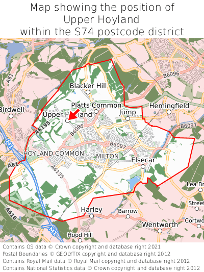 Map showing location of Upper Hoyland within S74