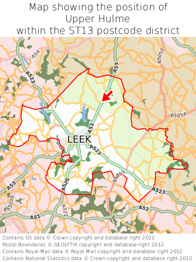 Map showing location of Upper Hulme within ST13