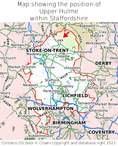 Map showing location of Upper Hulme within Staffordshire