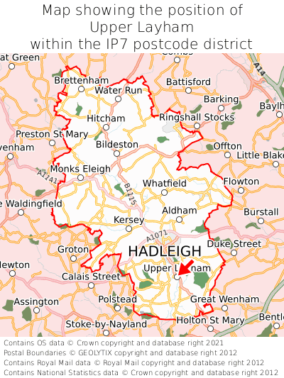 Map showing location of Upper Layham within IP7