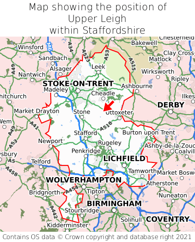 Map showing location of Upper Leigh within Staffordshire