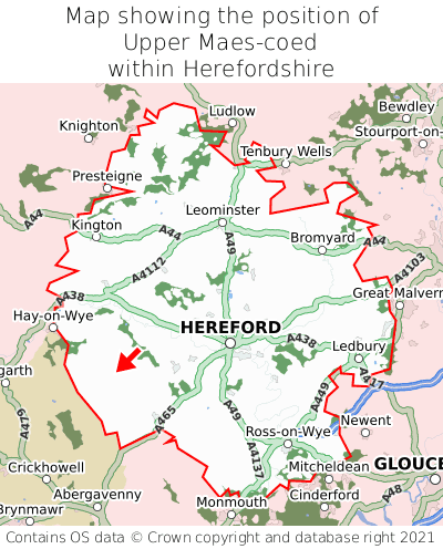 Map showing location of Upper Maes-coed within Herefordshire