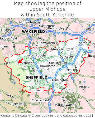 Map showing location of Upper Midhope within South Yorkshire