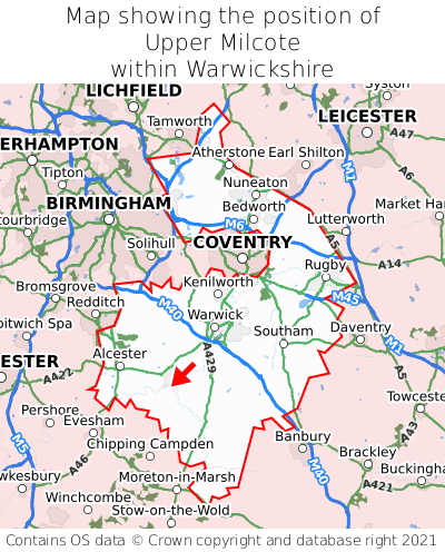 Map showing location of Upper Milcote within Warwickshire