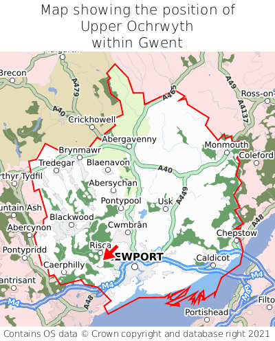 Map showing location of Upper Ochrwyth within Gwent