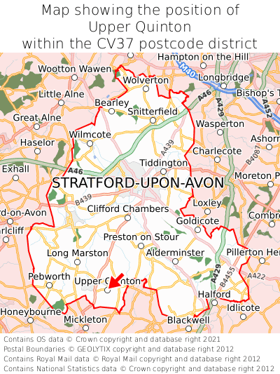 Map showing location of Upper Quinton within CV37