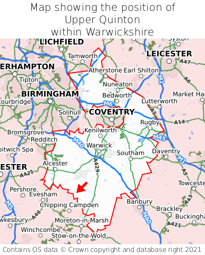 Map showing location of Upper Quinton within Warwickshire