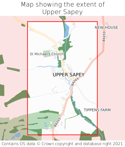 Map showing extent of Upper Sapey as bounding box