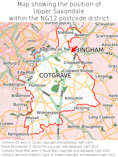 Map showing location of Upper Saxondale within NG12