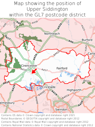 Map showing location of Upper Siddington within GL7