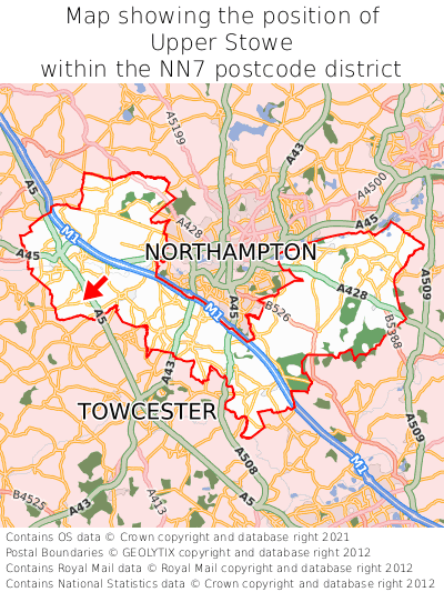 Map showing location of Upper Stowe within NN7