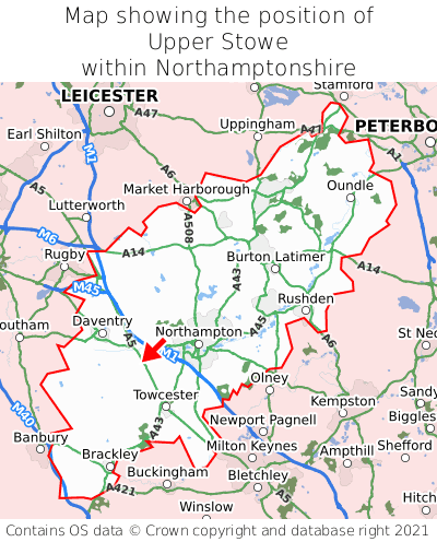 Map showing location of Upper Stowe within Northamptonshire