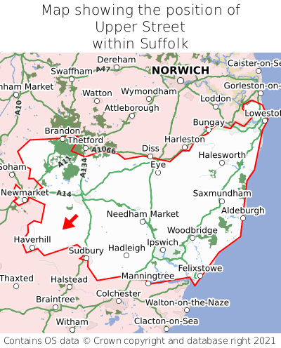 Map showing location of Upper Street within Suffolk