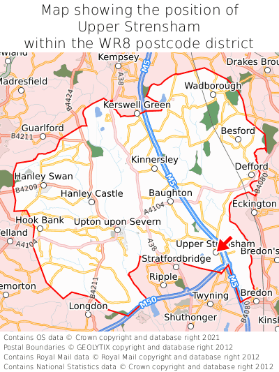Map showing location of Upper Strensham within WR8