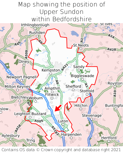 Map showing location of Upper Sundon within Bedfordshire
