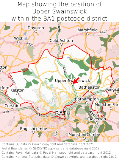 Map showing location of Upper Swainswick within BA1