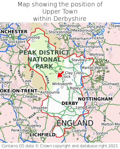 Map showing location of Upper Town within Derbyshire