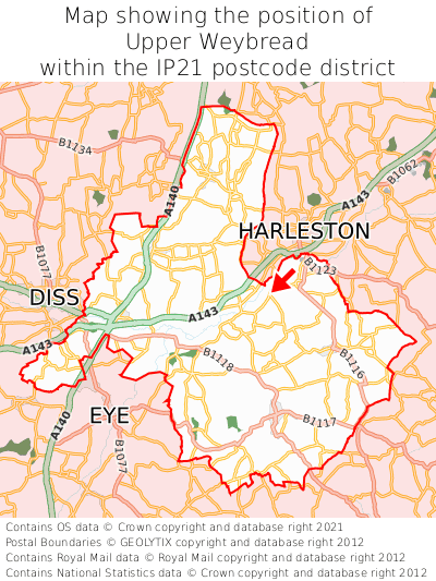 Map showing location of Upper Weybread within IP21