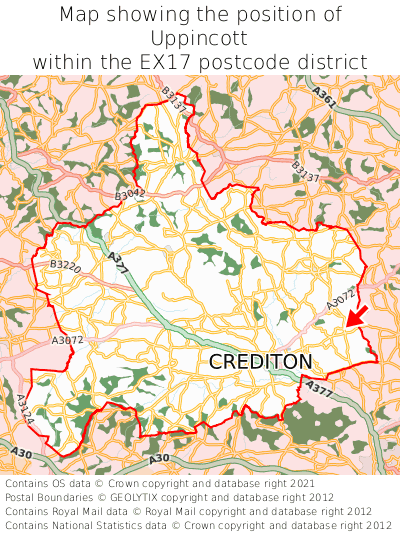 Map showing location of Uppincott within EX17
