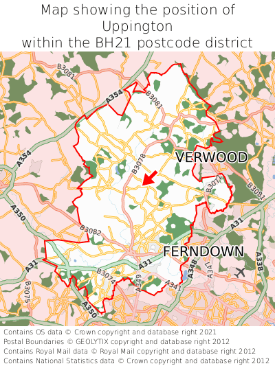 Map showing location of Uppington within BH21