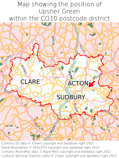 Map showing location of Upsher Green within CO10