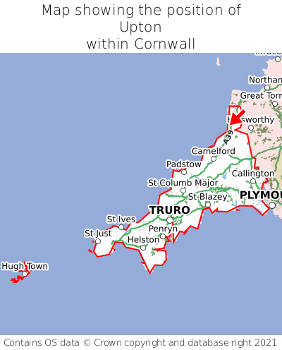 Map showing location of Upton within Cornwall