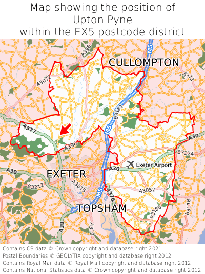 Map showing location of Upton Pyne within EX5